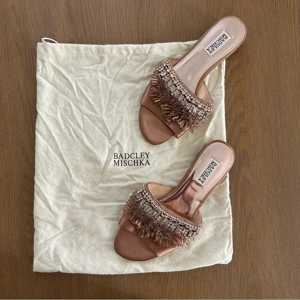 Badgley Mischka Kassandra Rose Gold Crystal Embellished Slide Mules - Picture 3 of 4